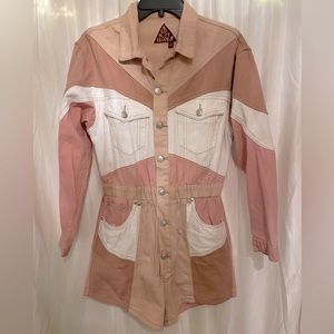 vintage style pink denim color block romper signature8
